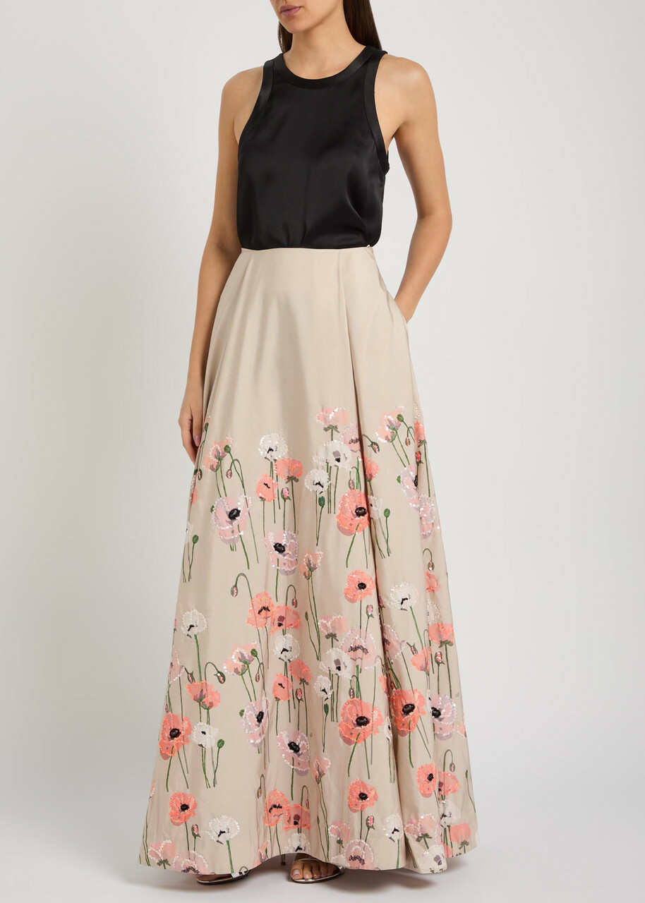 Bernadette Kennedy Floral-embellished Satin-poplin Maxi Skirt Beige