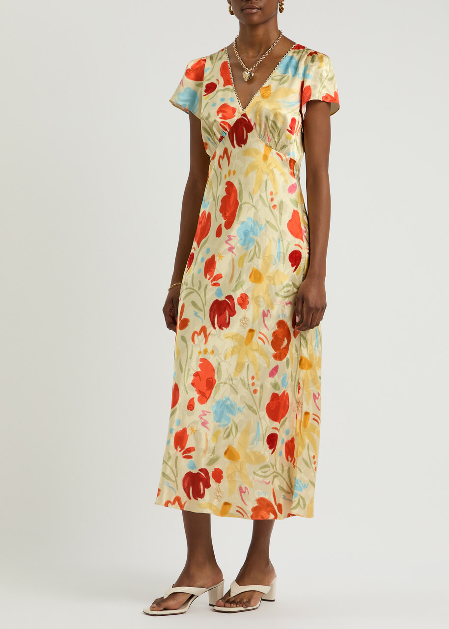 Kitri Effie Floral-print Satin Midi Dress Yellow