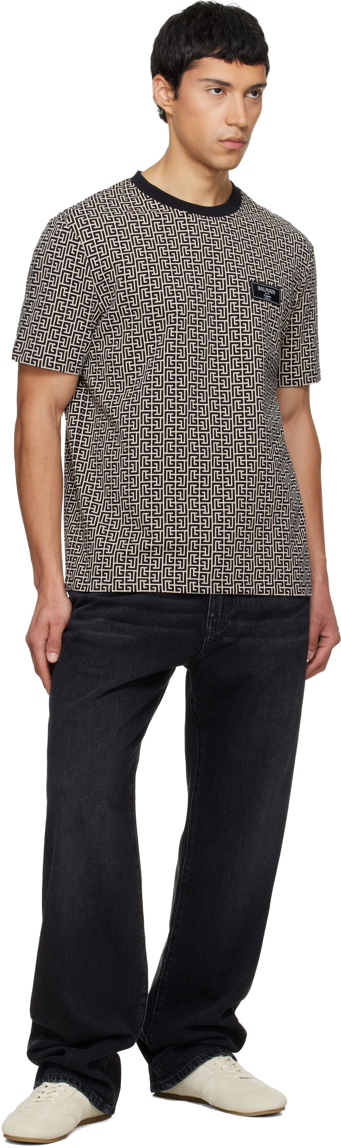 Balmain Black & Beige Monogram Jacquard T-shirt