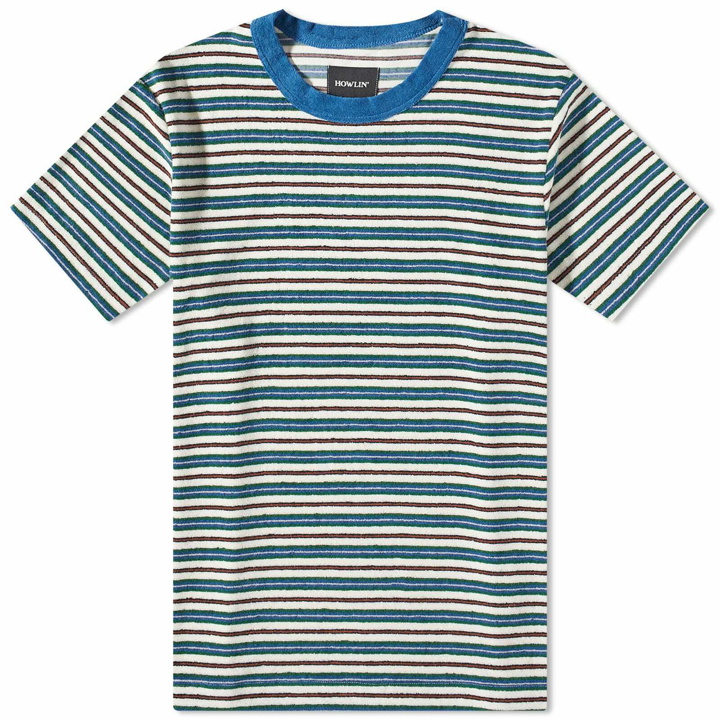 Photo: Howlin by Morrison Men's Howlin' Lost in Thought Towelling Stripe T-Shirt in Mystery Blue