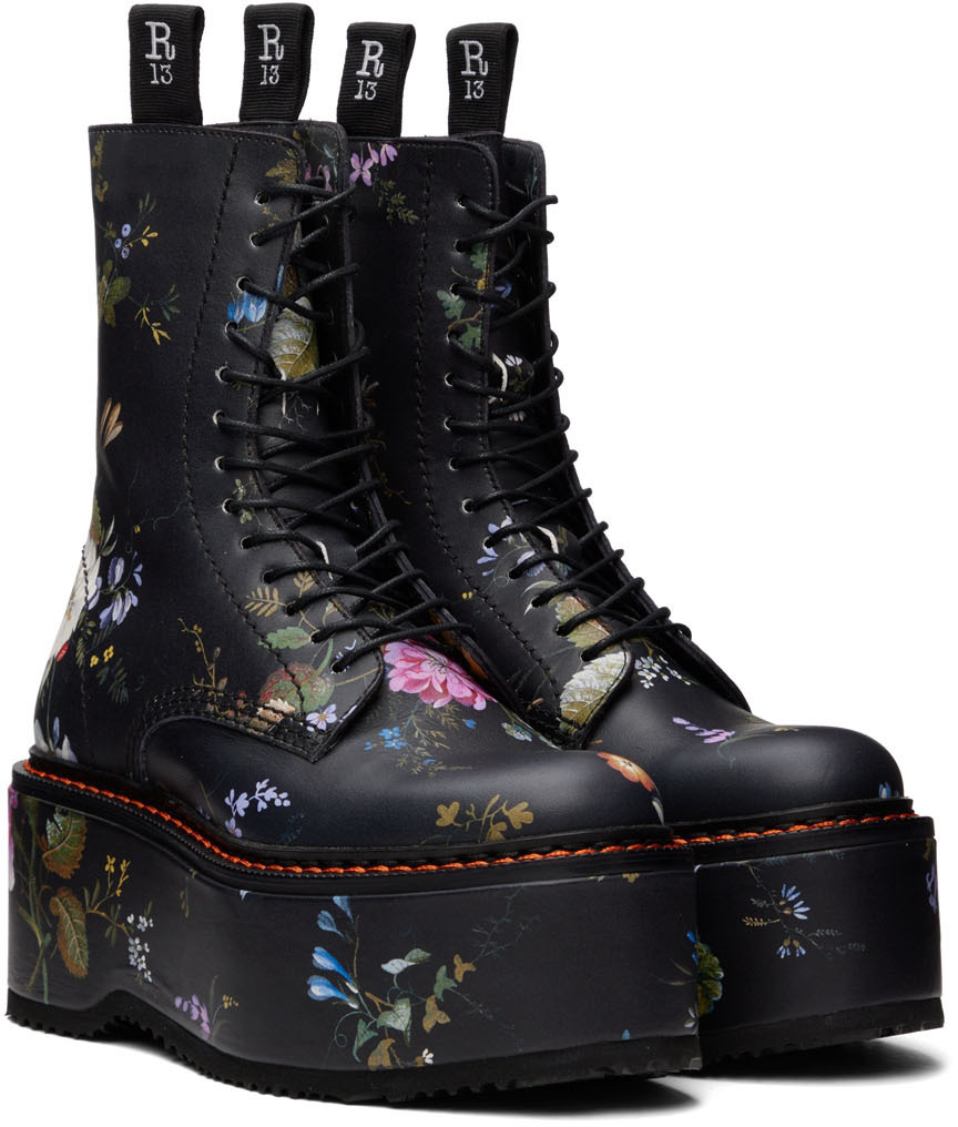 R13 Black Floral Double Stack Platform Lace Up Boots R13