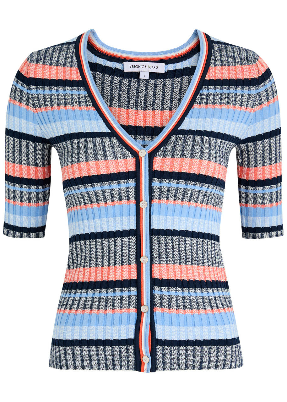 Veronica Beard Calliope Striped Ribbed-knit Cardigan Grey Veronica Beard Calliope Striped Ribbed-knit Cardigan Grey