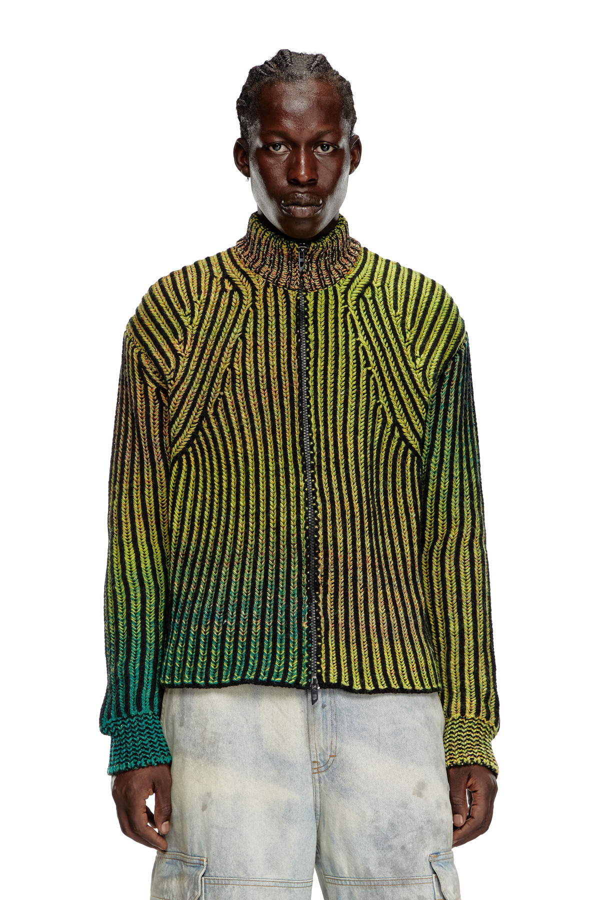 Diesel Striped ribbed zip-up cardigan - Knitwear Mens in Green Diesel