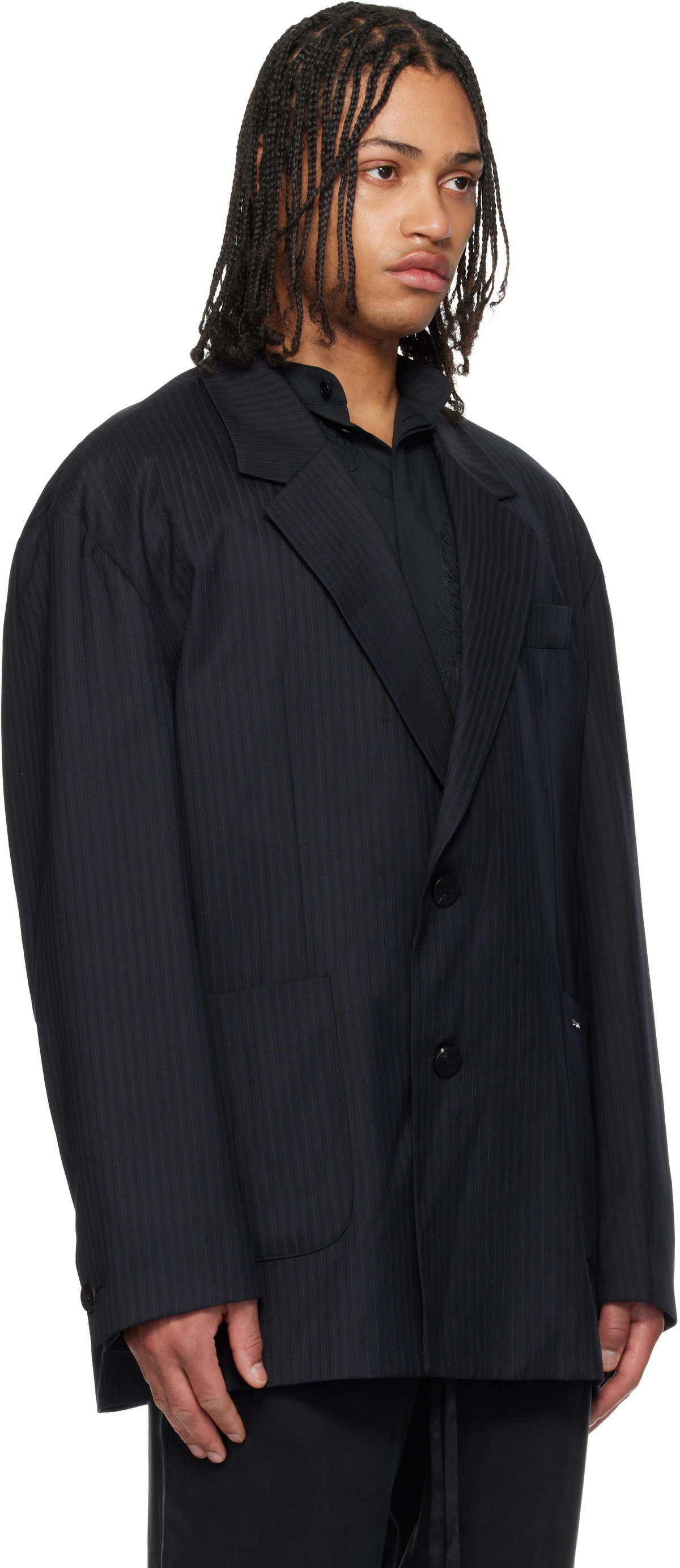 WOOYOUNGMI Navy Wool Stripe Wide Blazer