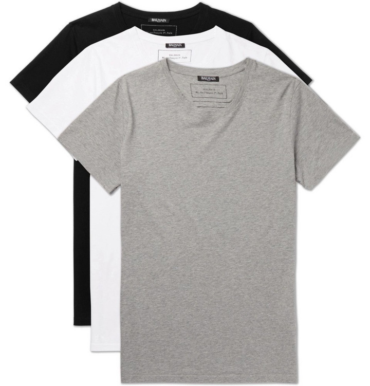 Photo: Balmain - Three-Pack Slim-Fit Distressed Cotton-Jersey T-Shirts - Men - Multi
