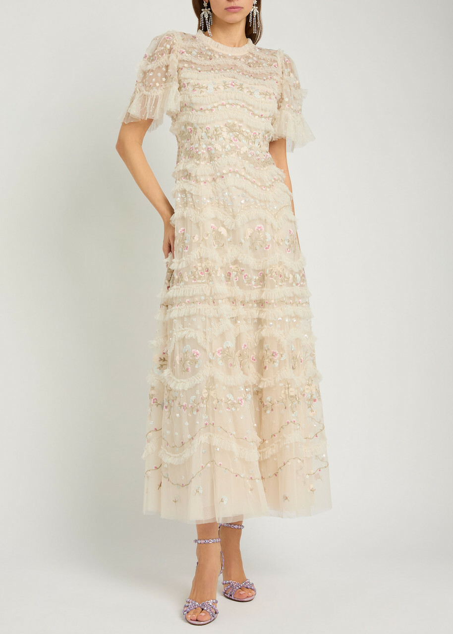 Needle & Thread Marina Ruffled Floral Embellished Tulle Gown Cream
