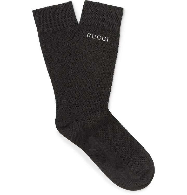 Photo: Gucci - Printed Waffle-Knit Stretch Cotton-Blend Socks - Men - Black
