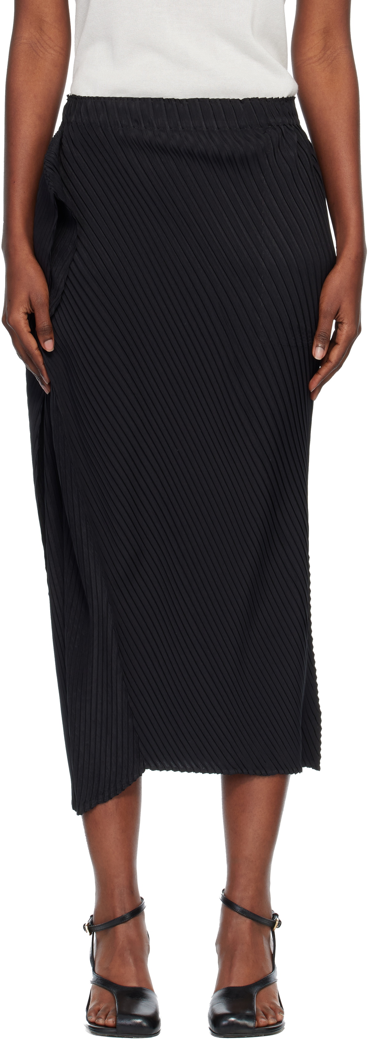 ISSEY MIYAKE Black Soft Fold Pleats Midi Skirt