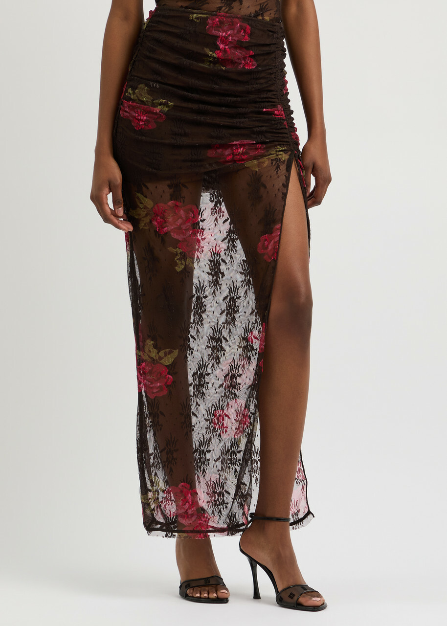 Bec & Bridge Desert Rose Floral-print Lace Maxi Skirt Brown