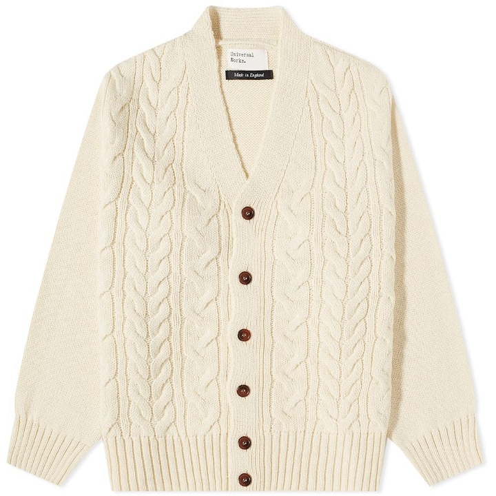 Photo: Universal Works Men's Cable Knit Cardigan in Ecru