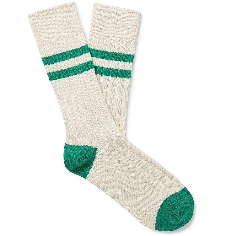 Photo: The Workers Club - Varsity Striped Combed Cotton-Blend Socks - White