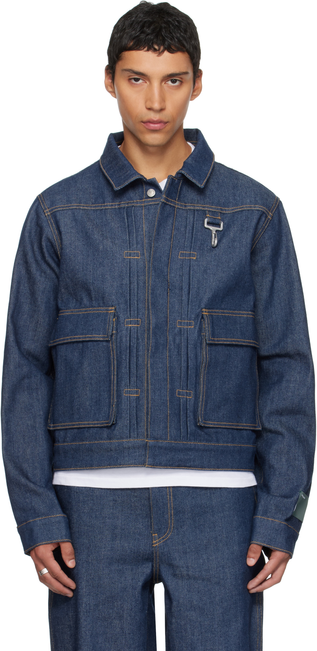 Reese Cooper Navy Concealed Button Denim Trucker Jacket
