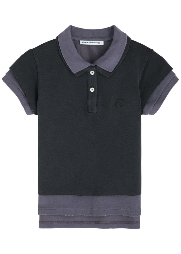 Photo: Alexanderwang.t Layered Shrunken Cotton-blend Polo Shirt Navy