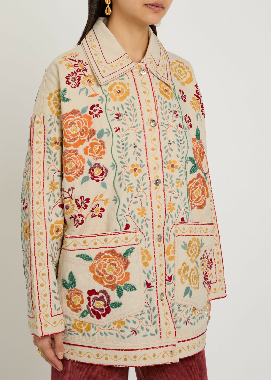 Free People Avery Floral-embroidered Denim Jacket White