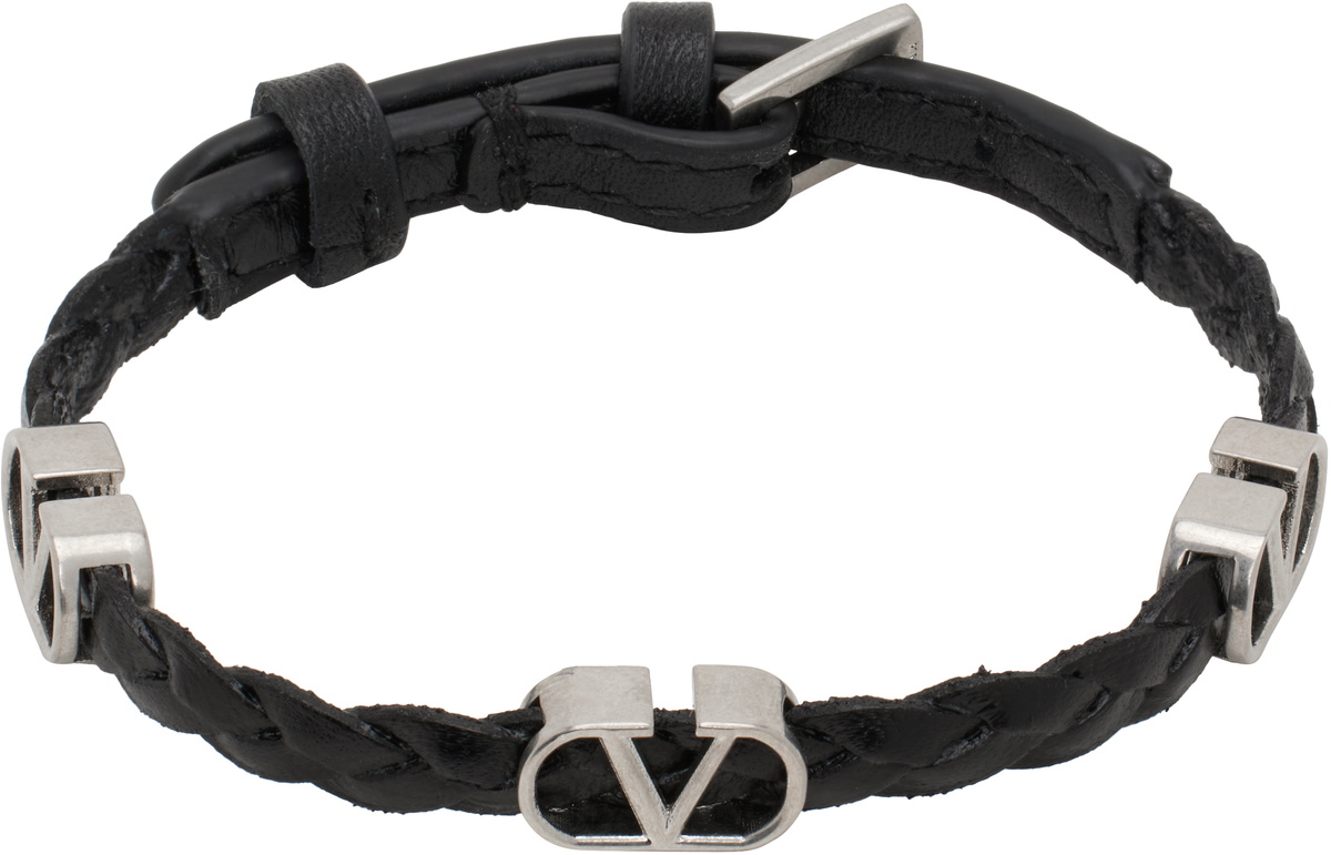 Valentino Garavani Black VLogo Signature Braided Calfskin Bracelet