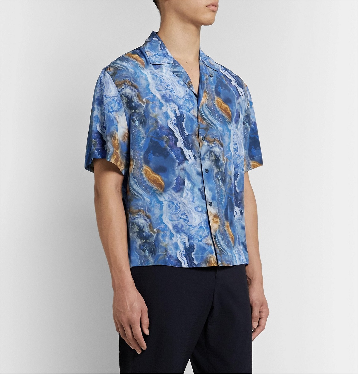 Deveaux - Resort Camp-Collar Printed Silk Shirt - Blue Deveaux New York
