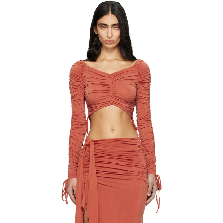 Photo: BALMAIN Orange LS Cropped Draped Jersey Top