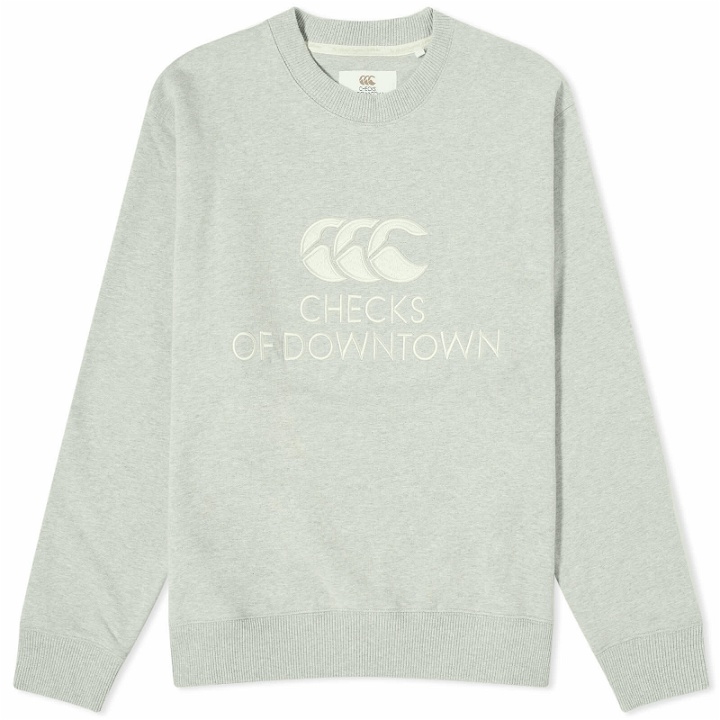 Photo: Checks Downtown Men's x Canterbury Logo Crew Sweat in Grey Marl