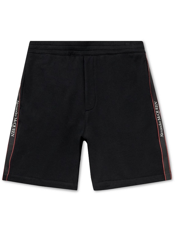 Photo: Alexander McQueen - Wide-Leg Logo Webbing-Trimmed Loopback Organic Cotton-Jersey Shorts - Black