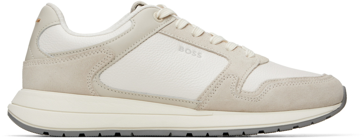 BOSS White & Gray Suede Trim Leather Sneakers