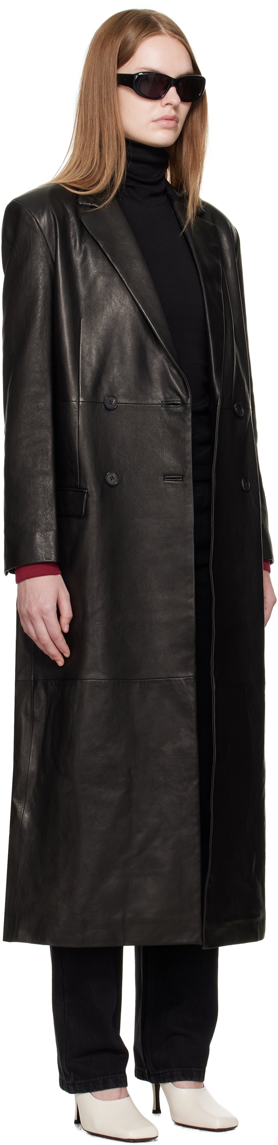 R2W Black Bakel Maxi Leather Coat