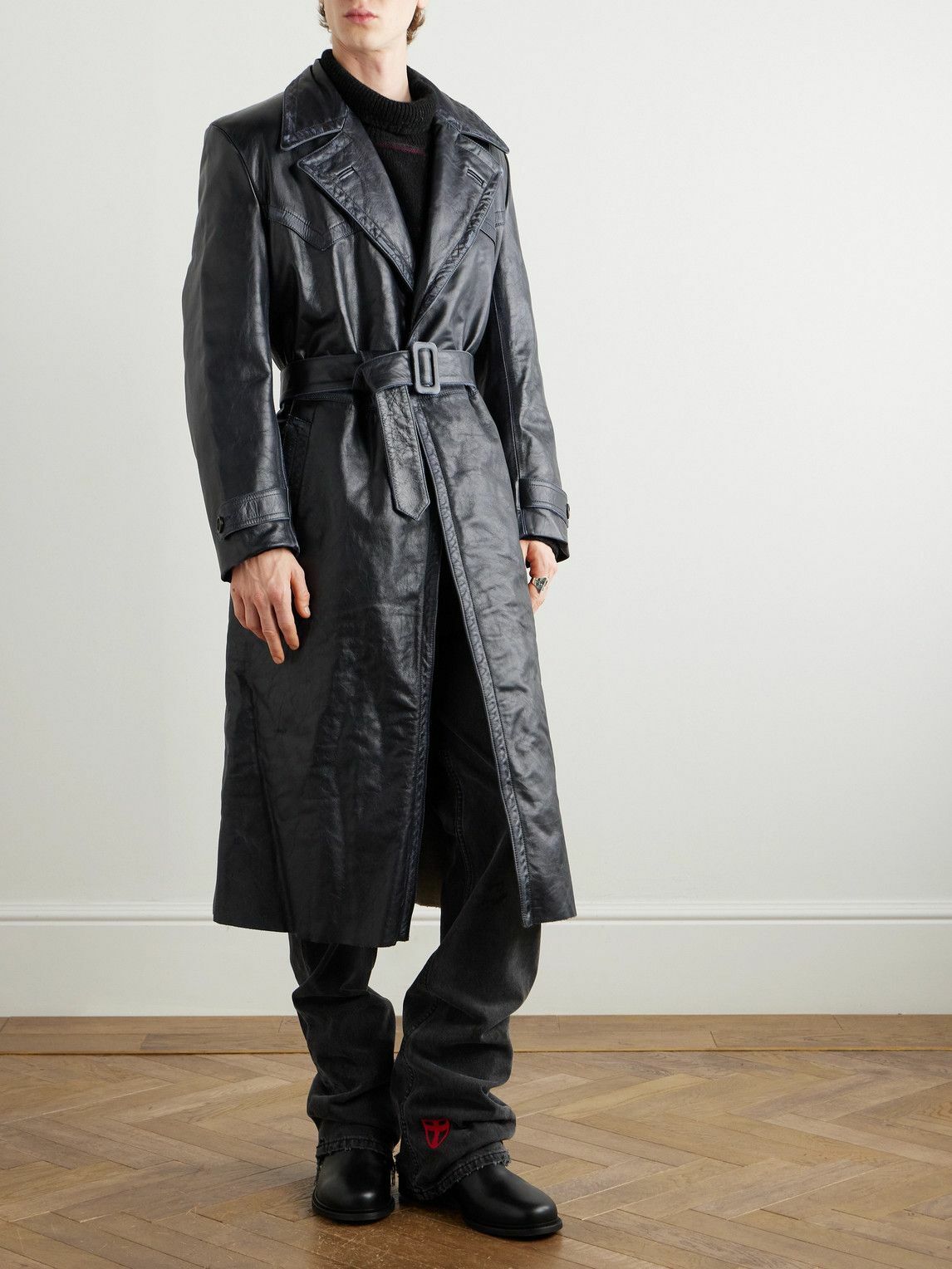 Enfants Riches Déprimés - Belted Panelled Leather Trench Coat - Black