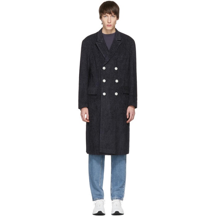 Photo: Pyer Moss Navy Striped Double-Breasted Coat