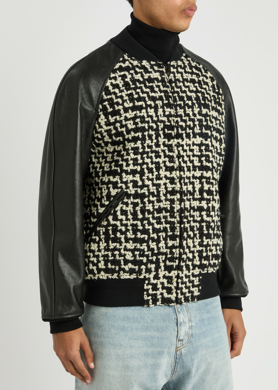 Valentino Leather and Bouclé Tweed Bomber Jacket Black