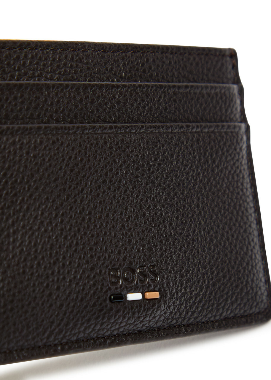 Boss Ray Logo Grained Leather Card Holder - Dark Brown - One Size