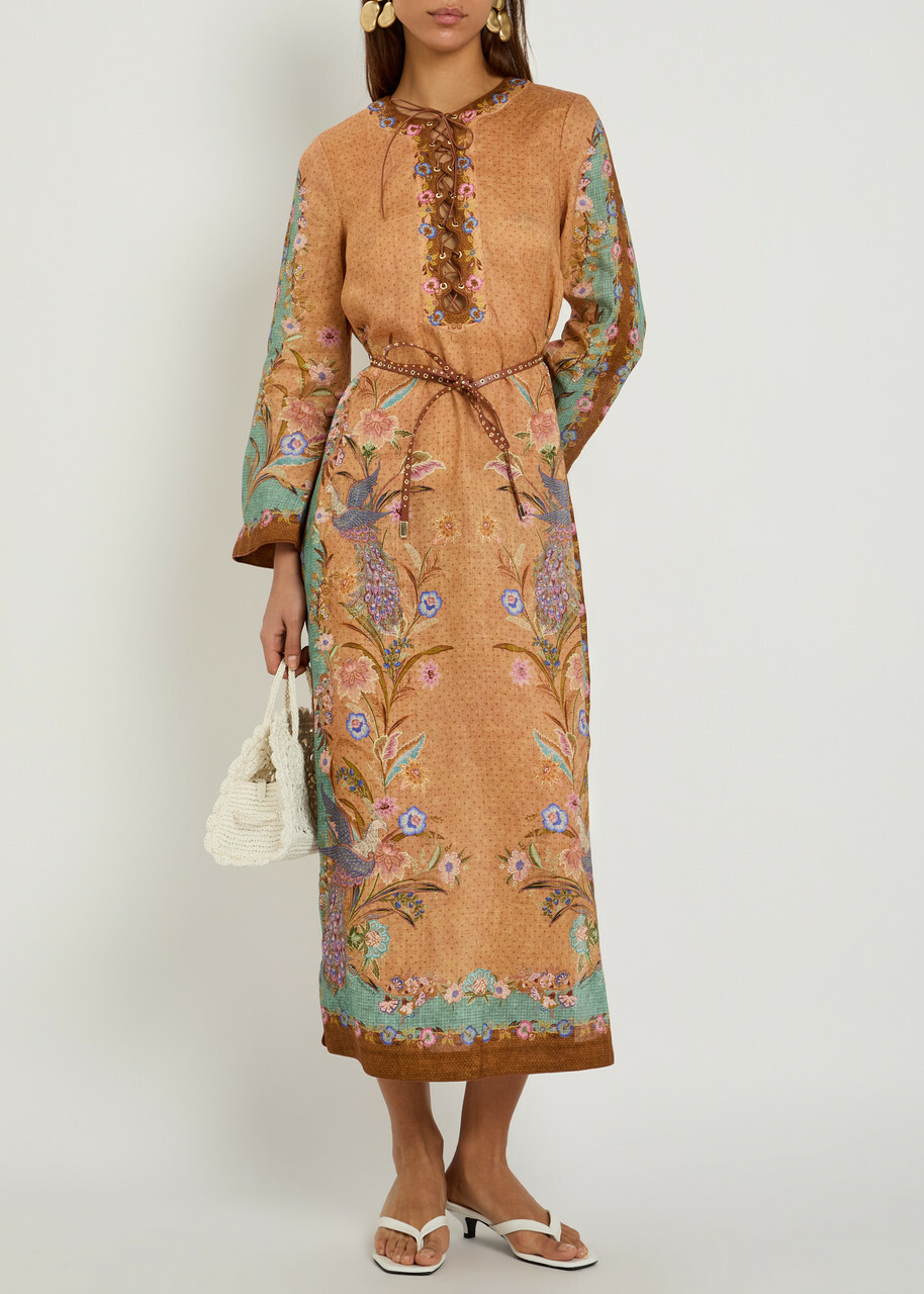 Zimmermann Indra Belted Printed Linen Midi Tunic Dress Tan