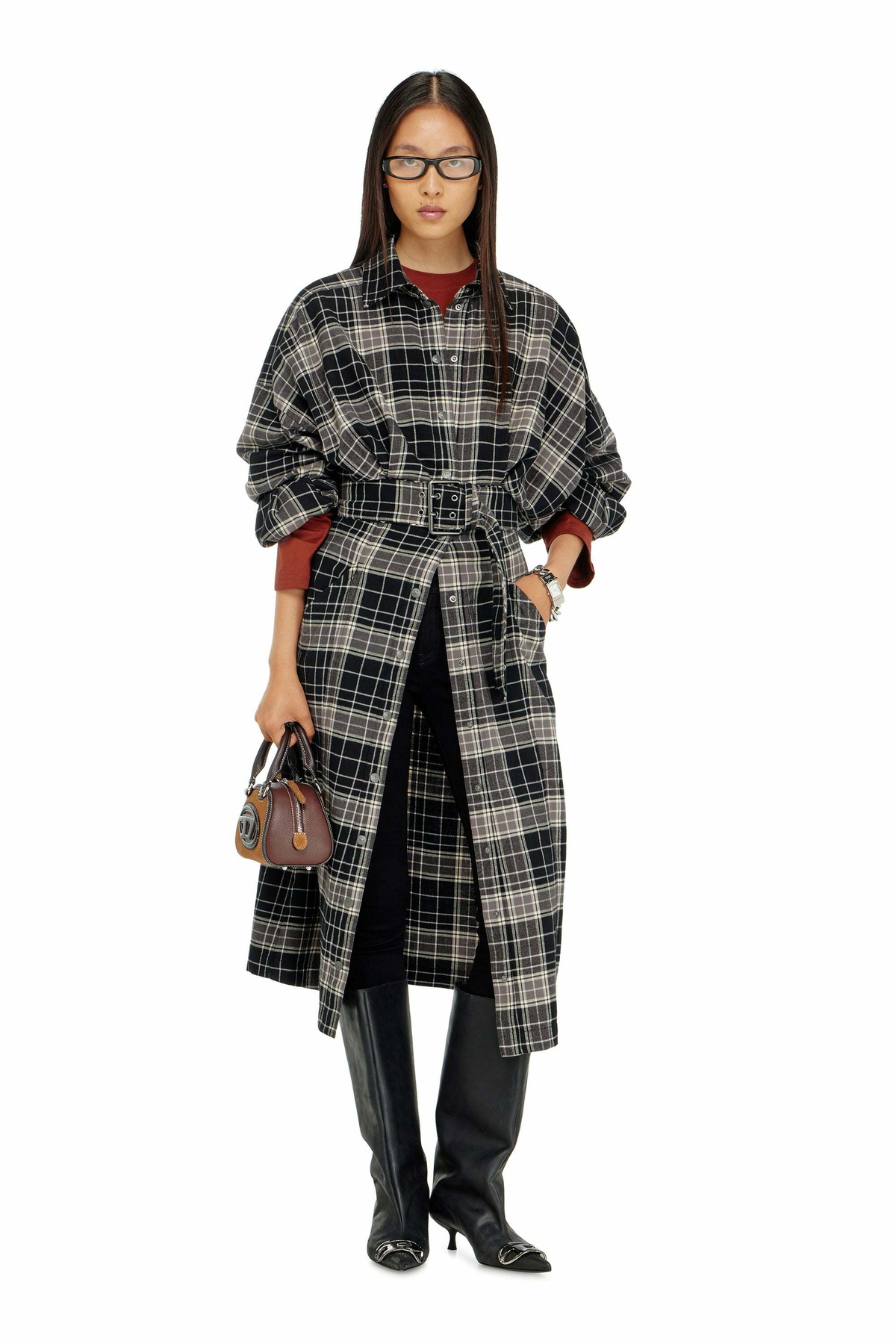 Diesel Midi dress in check flannel with wide belt - Dresses Womens in Multicolor