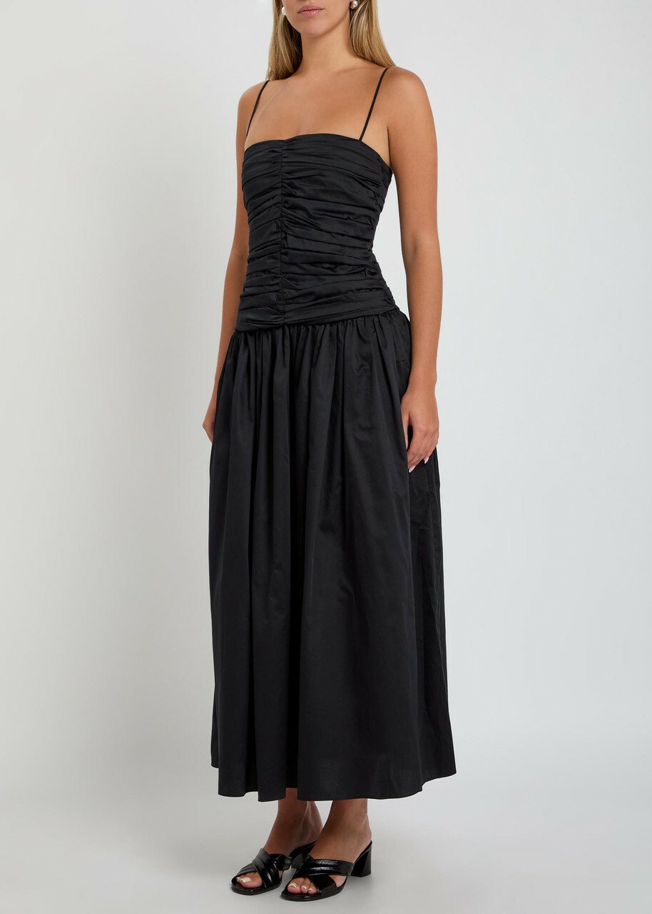 Tove Amina Gathered Cotton Midi Dress Black