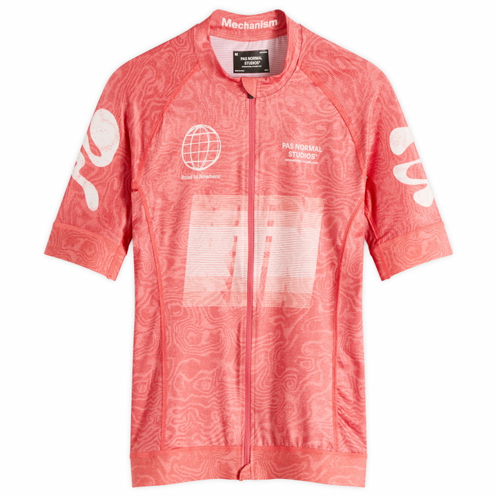 Photo: Pas Normal Studios Men's Mechanism RTN Logo Jersey in Aop Rtn Classic Red