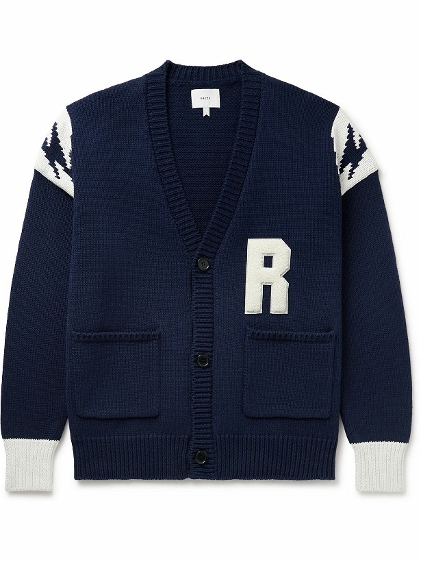 Photo: Rhude - Logo-Appliquéd Intarsia-Knit Cotton Cardigan - Blue