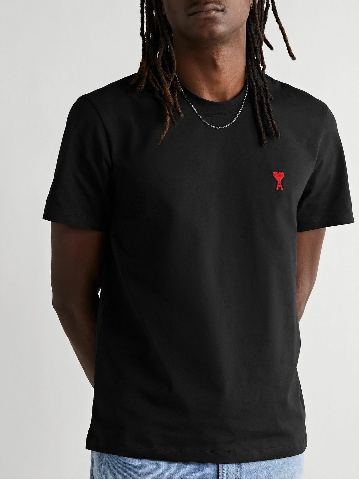 AMI PARIS - Logo-Embroidered Cotton-Jersey T-Shirt - Black