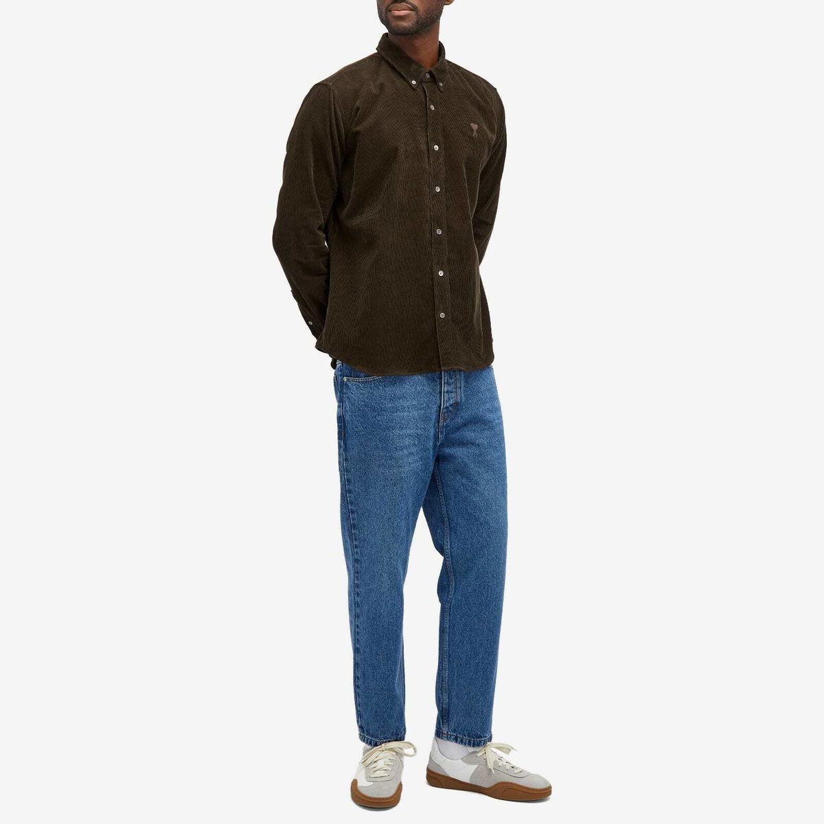 AMI Paris Men's Corduroy Tonal Heart Button Down Shirt in Dark Coffee