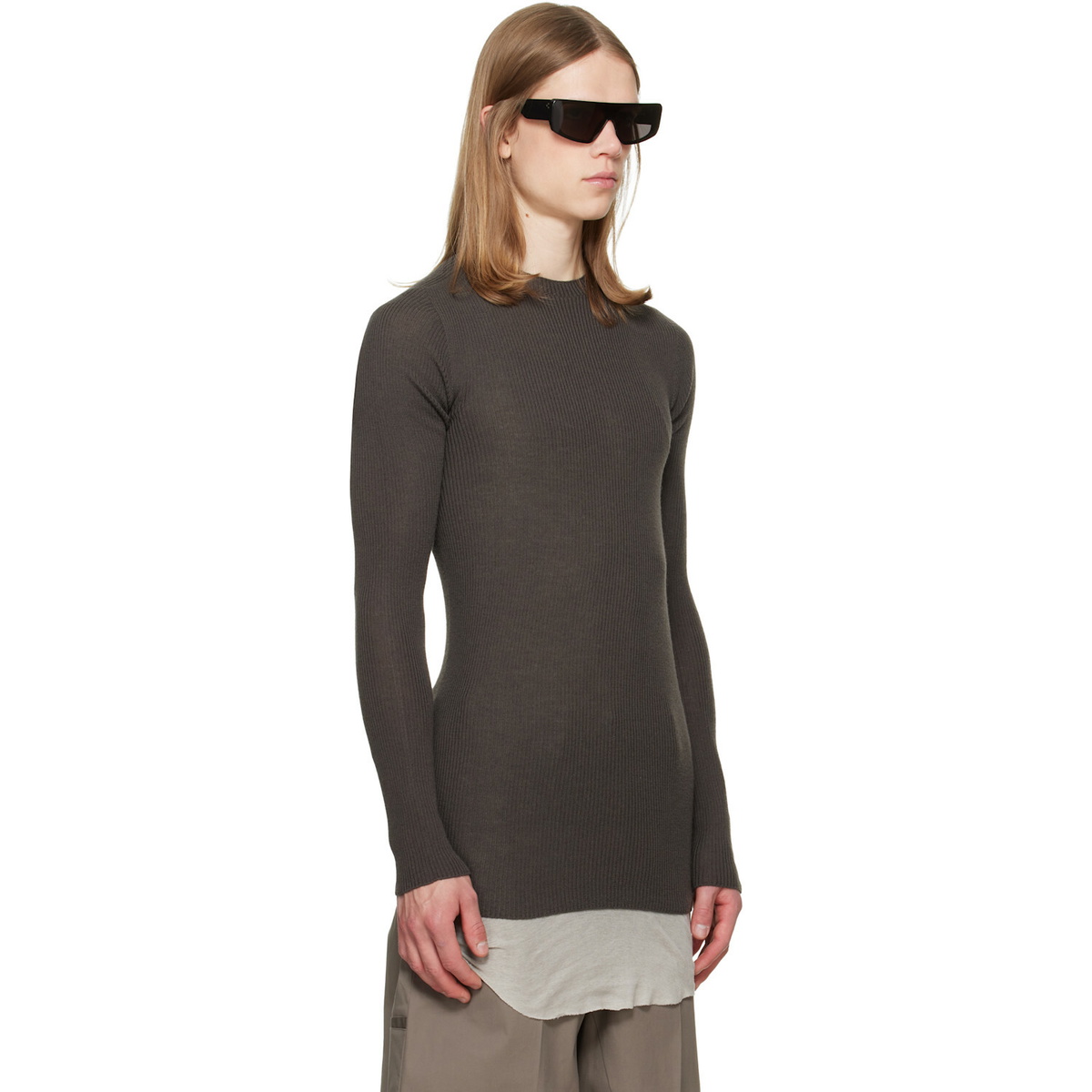 Rick Owens Gray Tower Ribbed Round Neck Sweater
