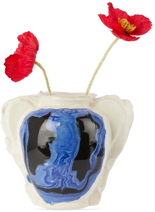 Photo: DUM KERAMIK Off-White & Blue Distorted Watery Oversized Smiley Head Vase