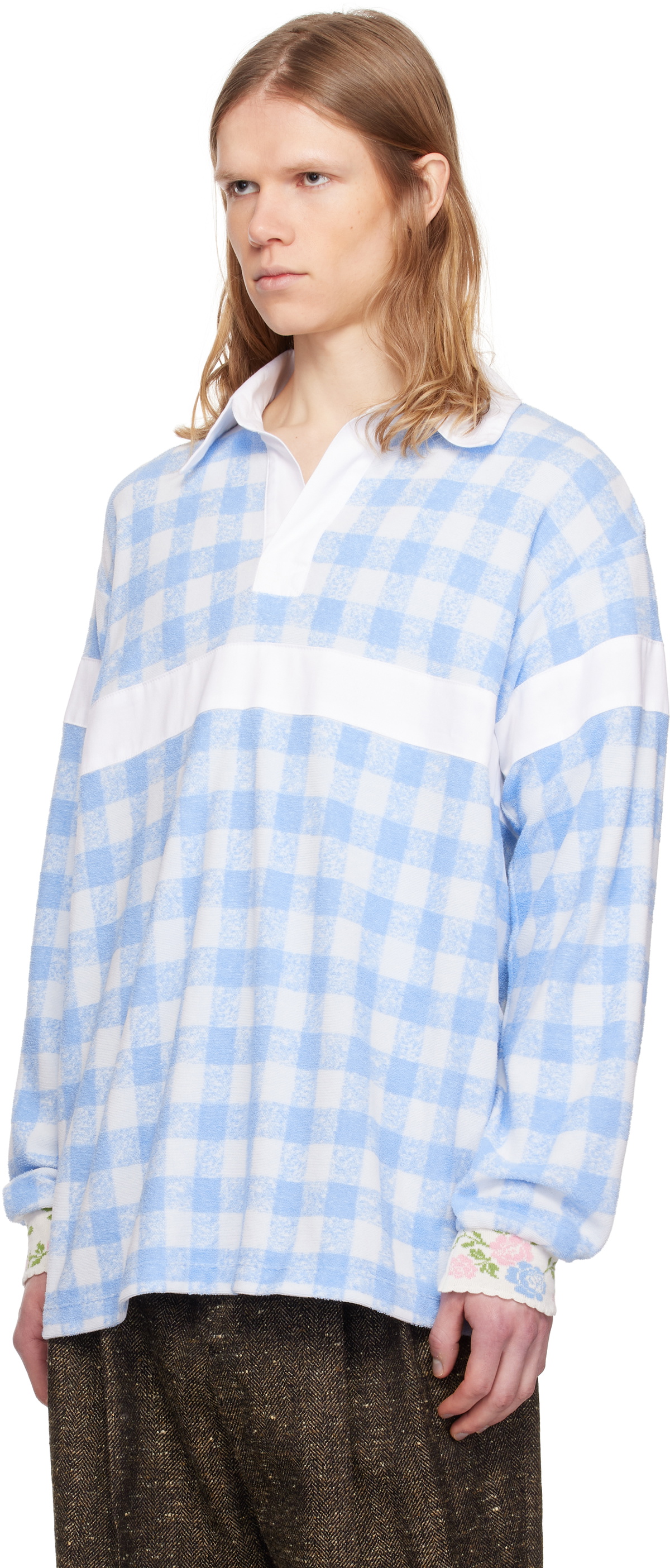 Anna Sui Black & White Gingham Terry Long Sleeve Polo