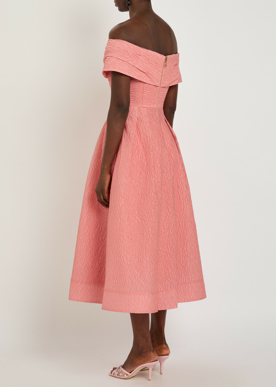 Rebecca Vallance Adalyn Off-the-shoulder Cloqué Midi Dress Peach