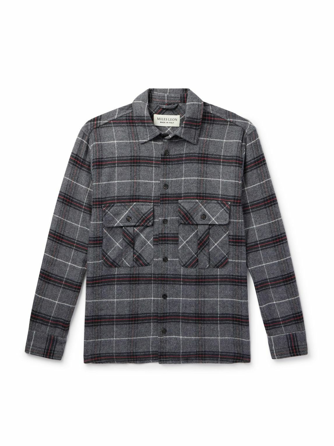 MILES LEON - Field Checked Brushed Herringbone Cotton-Flannel Shirt - Gray