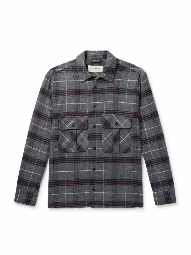 Photo: MILES LEON - Field Checked Brushed Herringbone Cotton-Flannel Shirt - Gray