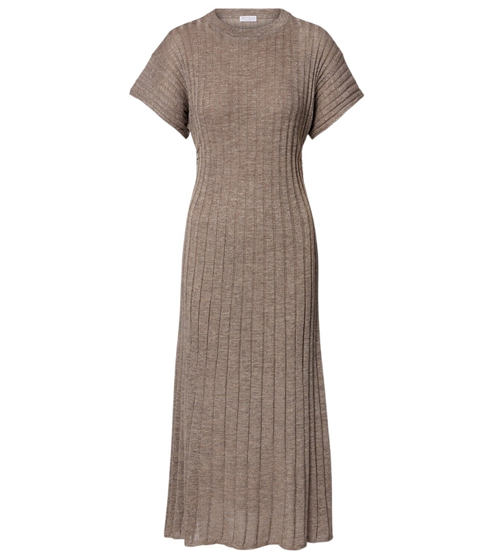 Photo: Brunello Cucinelli Ribbed-knit lamé midi dress