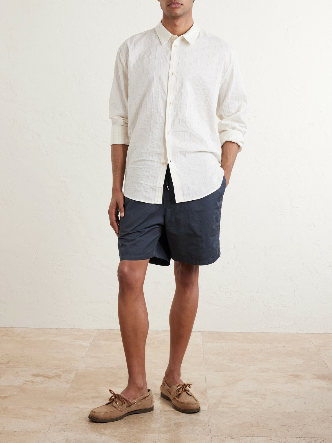 A Kind Of Guise - Fulvio Pinstriped Cotton, Silk and Linen-Blend Shirt - Neutrals