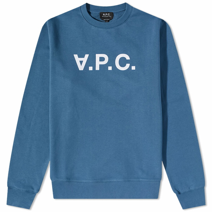 Photo: A.P.C. Men's A.P.C VPC Logo Crew Sweat in Steel Blue/White