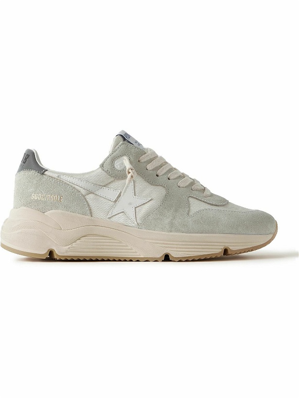 Photo: Golden Goose - Running Sole Leather-Trimmed Distressed Suede and Silk-Faille Sneakers - Neutrals