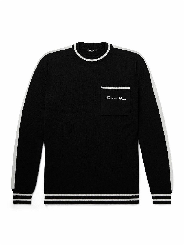 Photo: Balmain - Logo-Embroidered Striped Wool Sweater - Black
