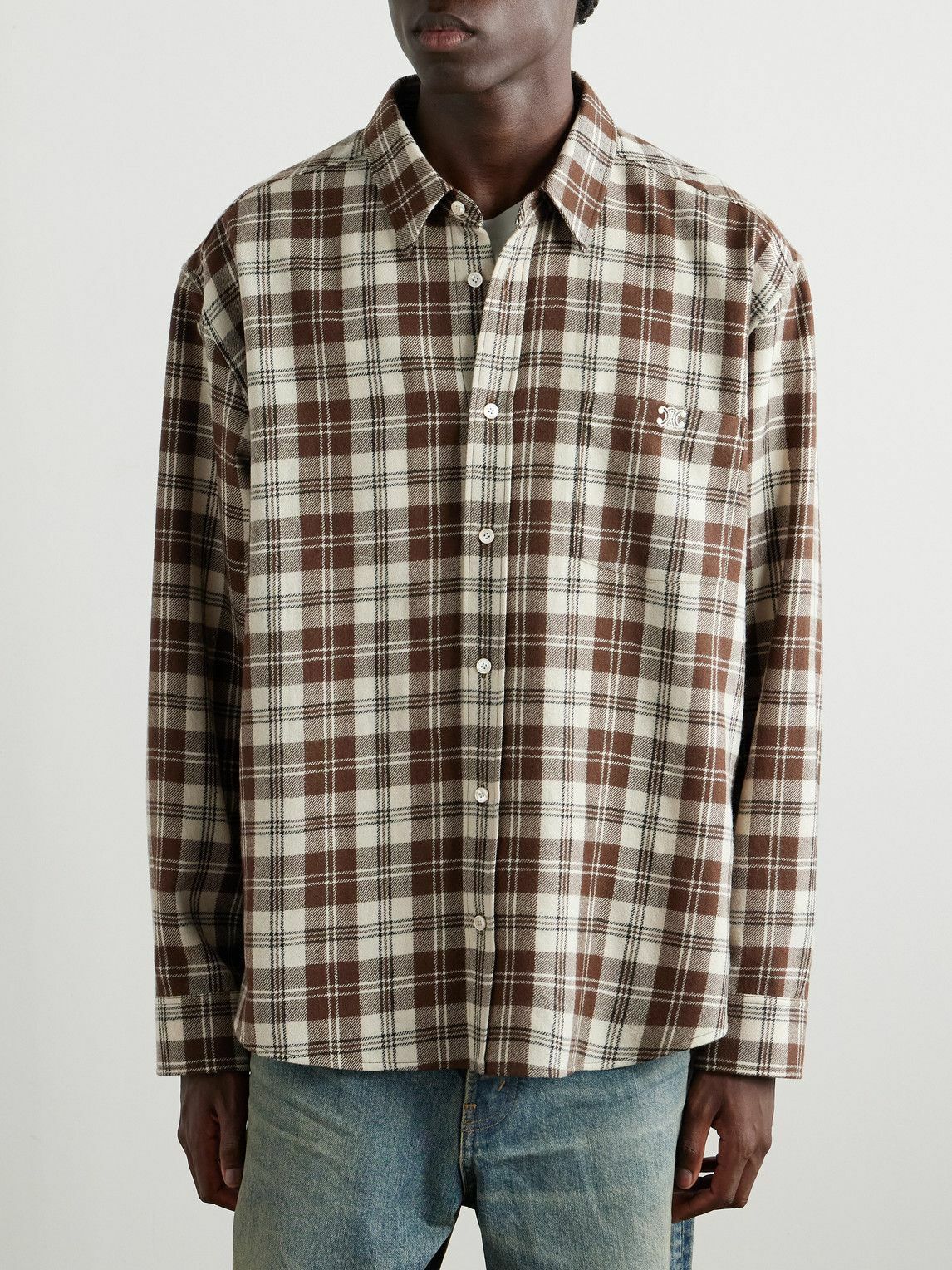 CELINE - Logo-Embroidered Checked Wool-Flannel Shirt - Neutrals