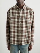CELINE - Logo-Embroidered Checked Wool-Flannel Shirt - Neutrals