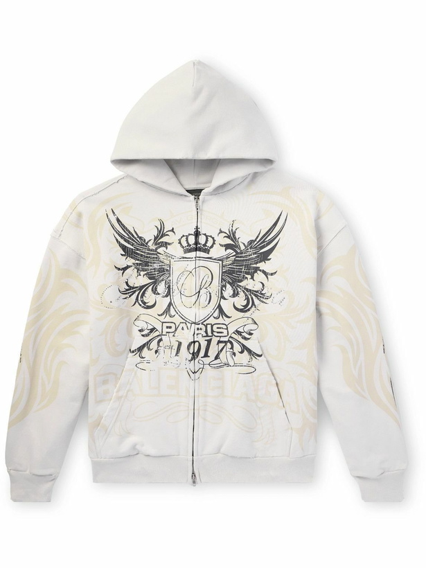 Photo: Balenciaga - Tacky Embellished Metallic Logo-Print Cotton-Jersey Zip-Up Hoodie - Neutrals